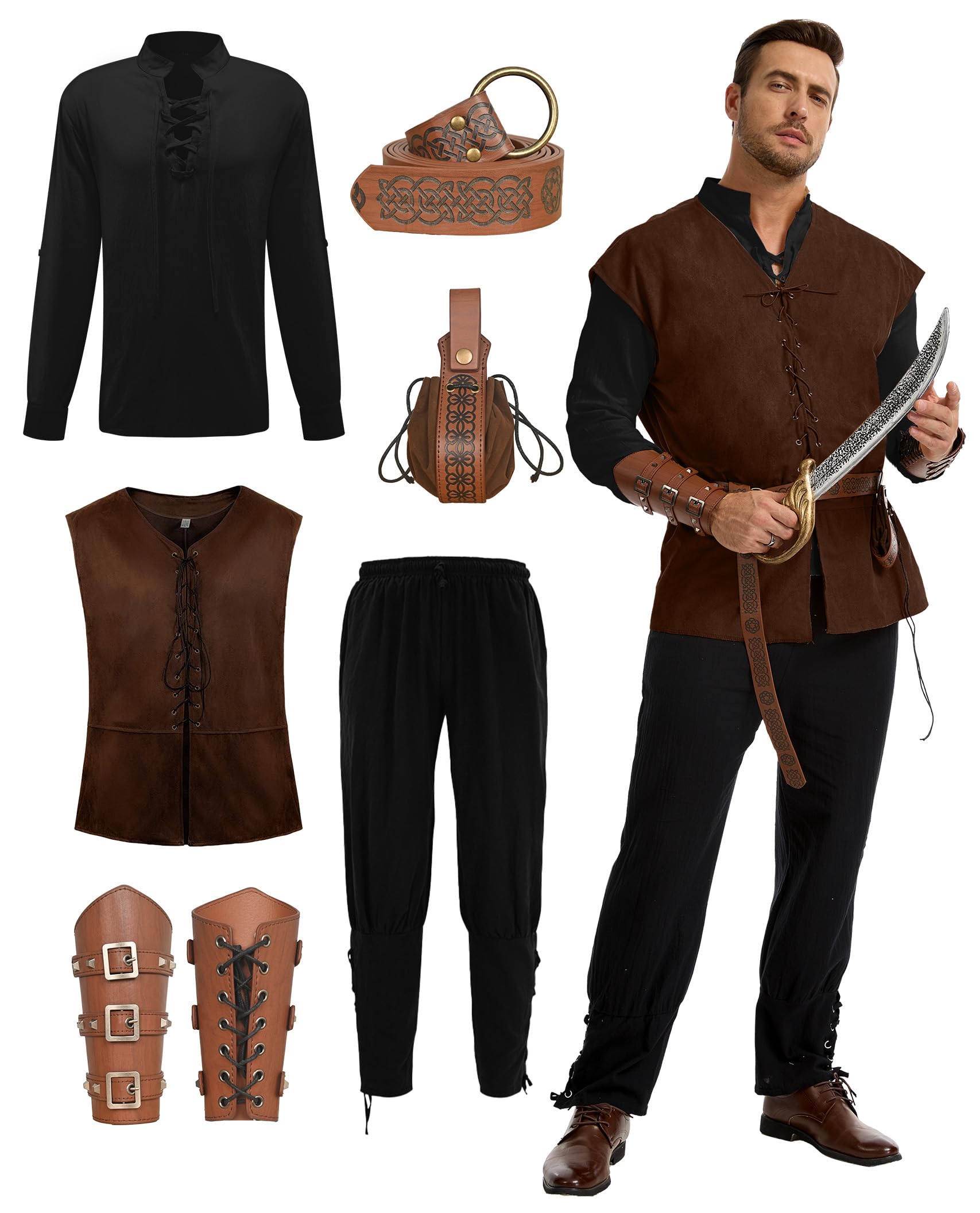 MIQEBX Men's Medieval Viking Costume Set - 6 Piece Renaissance Pirate Outfit with Lace-Up Shirt, Vest, Trousers, Bracers, Quiver & Celtic Belt for LARP, Halloween & Fancy Dress (Black + Brown, M)