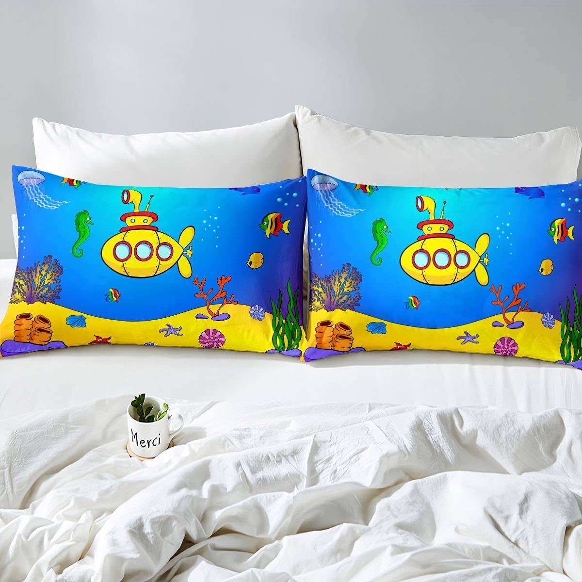 Loussiesd Juego de ropa de cama para niños, peces oceánicos, coral, amarillo, submarinos, juego de ropa de cama con 2 fundas de almohada, juego de cama Super King