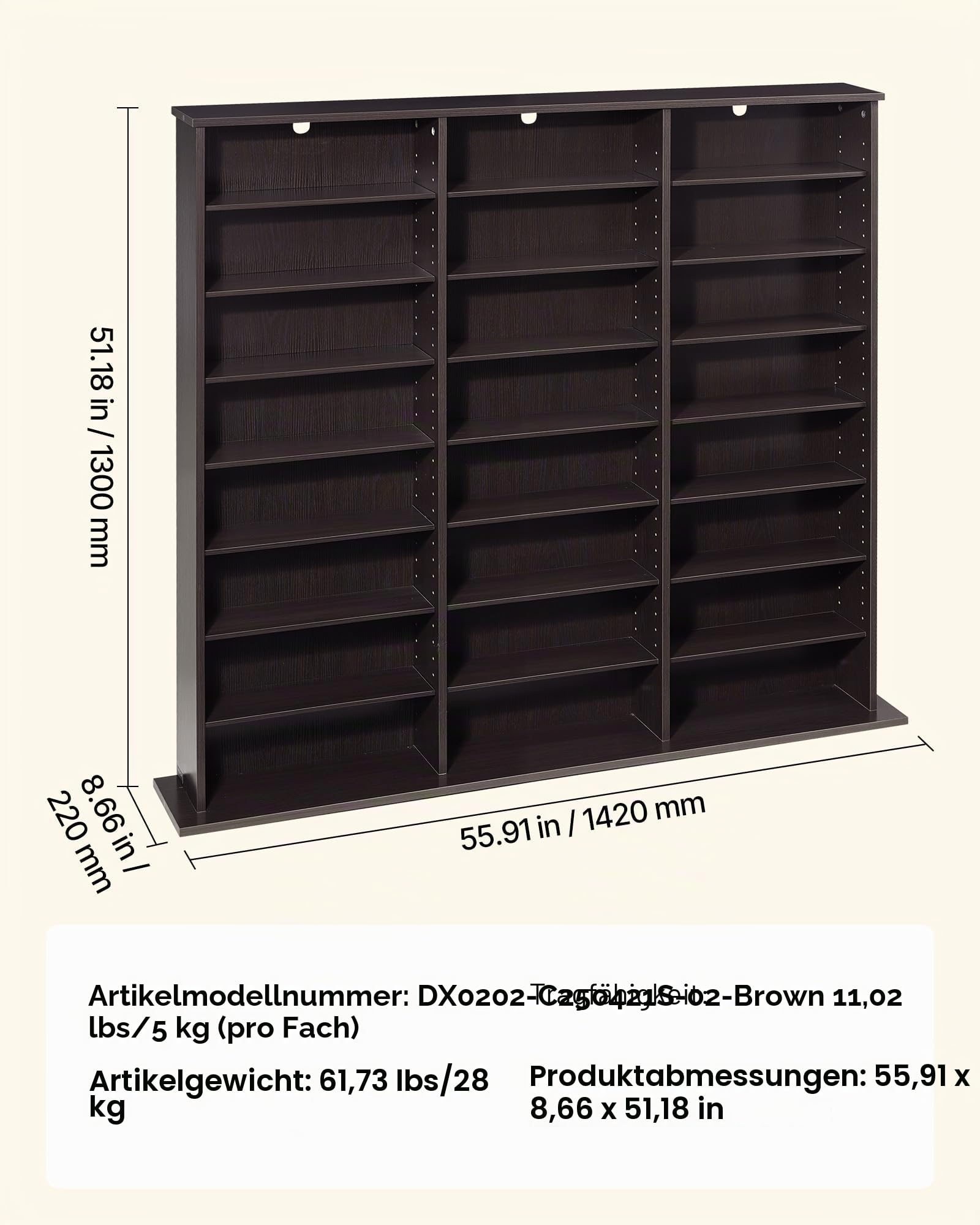 VEVOR DVD-Regal mit 24 Fächern (8 Ebenen), Medienregal Standregal 142 x 22 x 130 cm, Platzsparendes Aufbewahrungsregal für CDs DVDs Bücher Spiele-Discs, Bücherregal für Wohnzimmer/Homeoffice, Braun