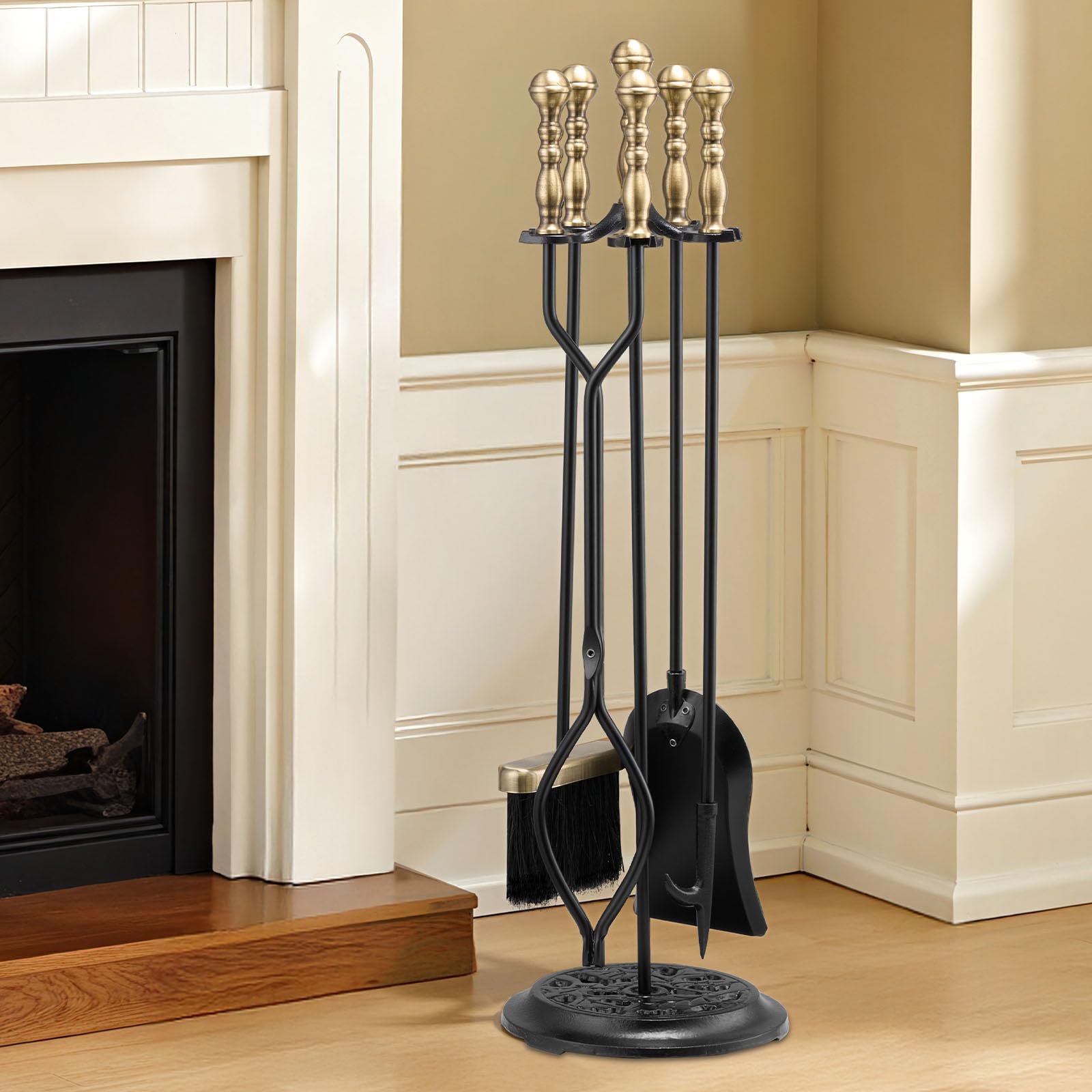 VEVOR Juego de 5 Herramientas para Chimenea de Hierro Forjado, con Soporte de Cinco Puntas, Pinzas, Pala para Cenizas, Cepillo y Atizador, Interior y Exterior, Negro y Latón, 770 x 225 x 225 mm