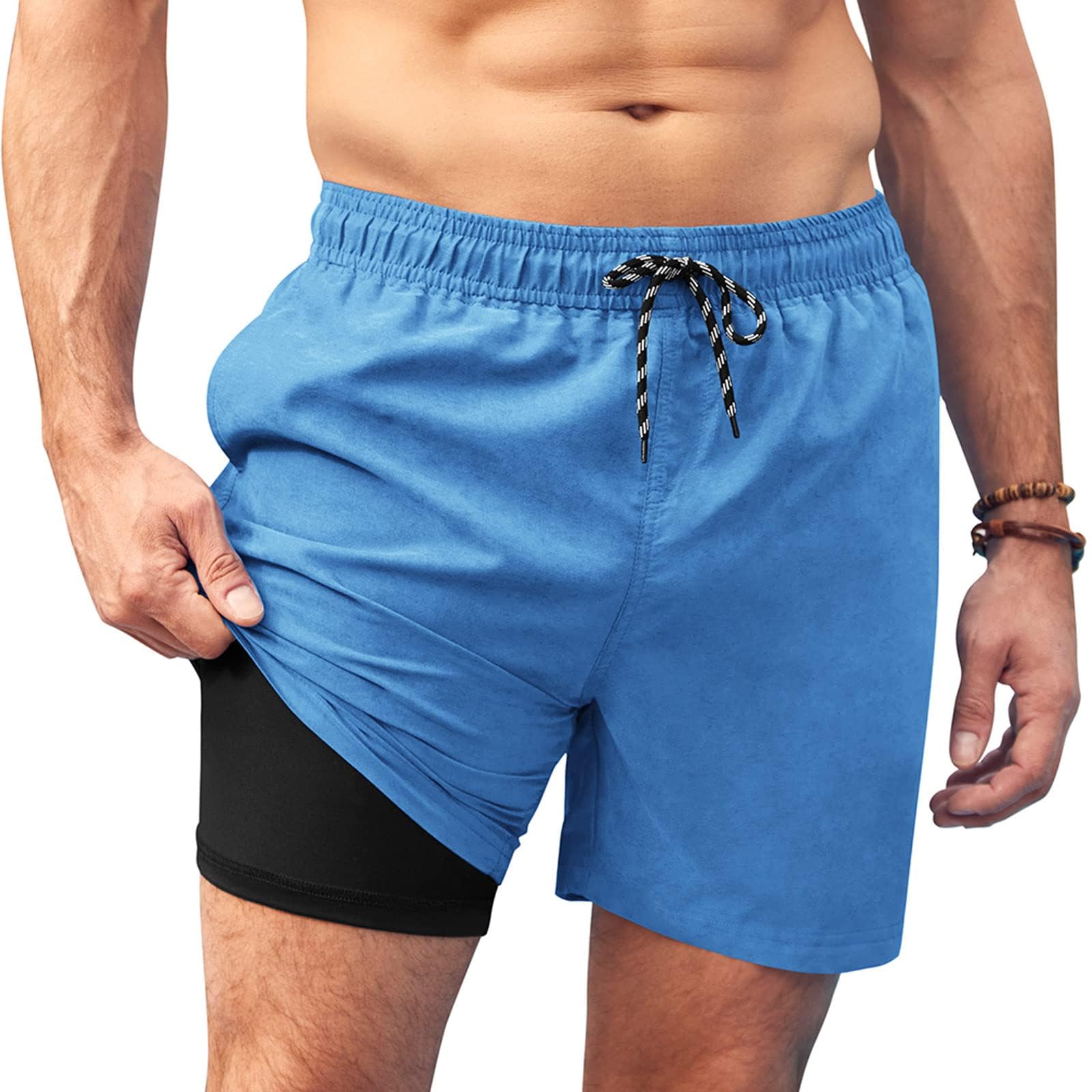 AI'MAGE Badehose für Herren mit Kompression Liner 2 in 1 Badeshorts Männer Elastisch Trainingsshorts Tunnelzug mit Taschen, S-XXL