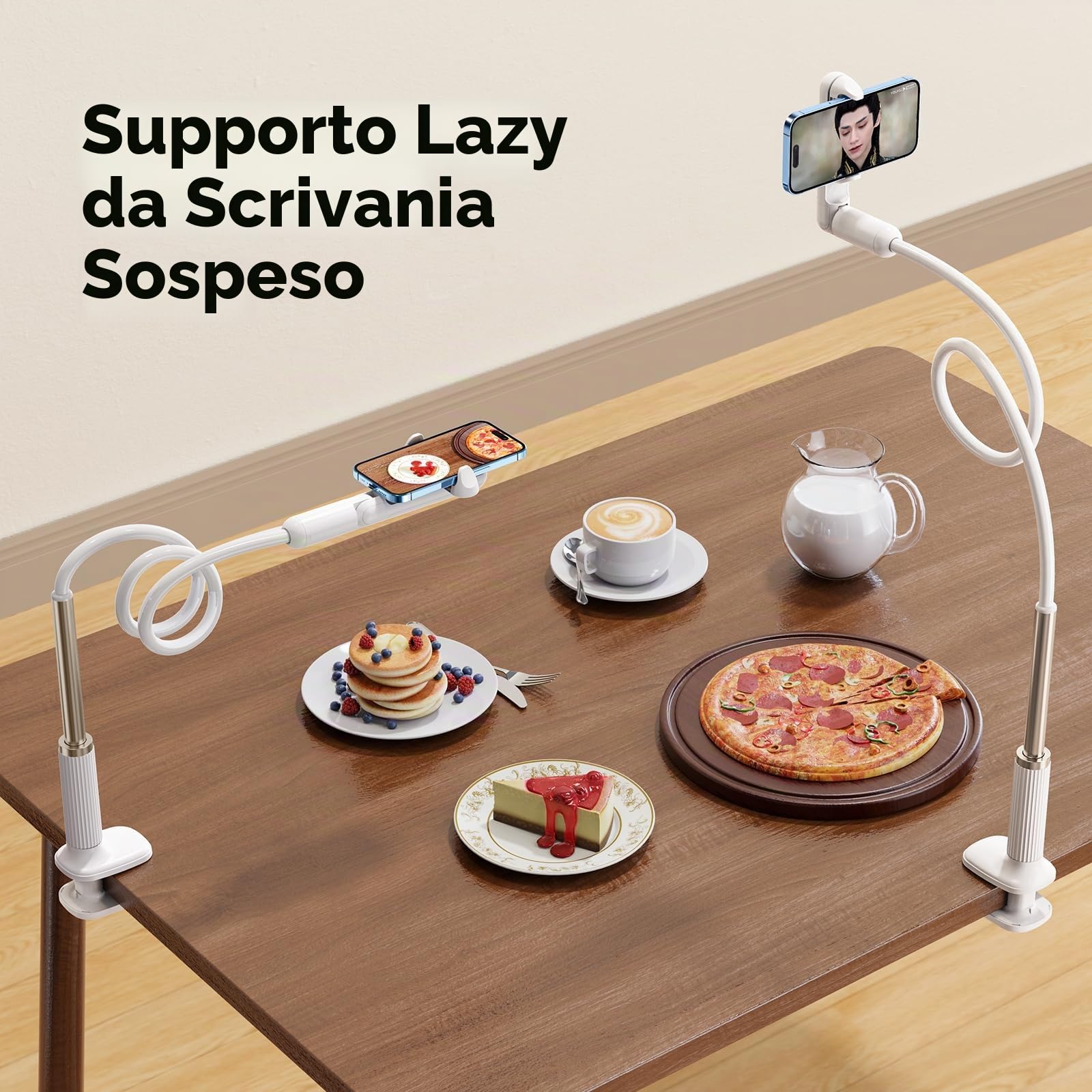 Supporto per telefono a collo di cigno per letto, supporto flessibile per telefono da scrivania, supporto per telefono lungo con mini morsetto girevole a 360°, larghezza 6,5 ~ 8 cm, compatibile