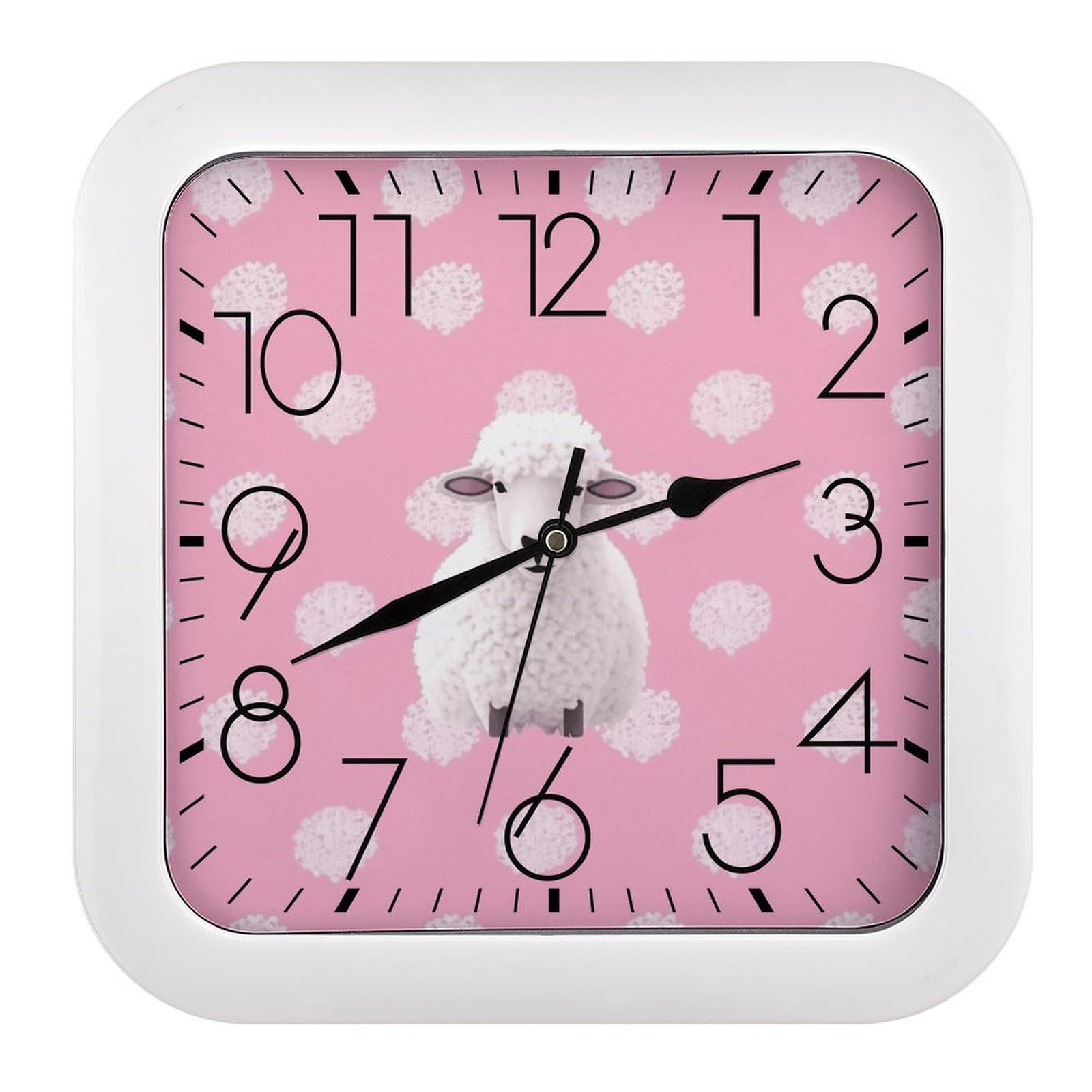 FekiLoot White Sheep on Pink Background Wall Clock 10.2" Modern Farmhouse Square Clocks Silent No Ticking, Wall Art and Timepiece Clock for Shelf Table Mantel Or Bedside Clocks