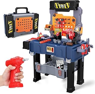 Kids Tool Bench, Toddler Workbench with Electric Drill and Realistic Toy Tools, Toy Tool Bench Workshop, Pretend Play Kids Tool Set for Boys, Blue