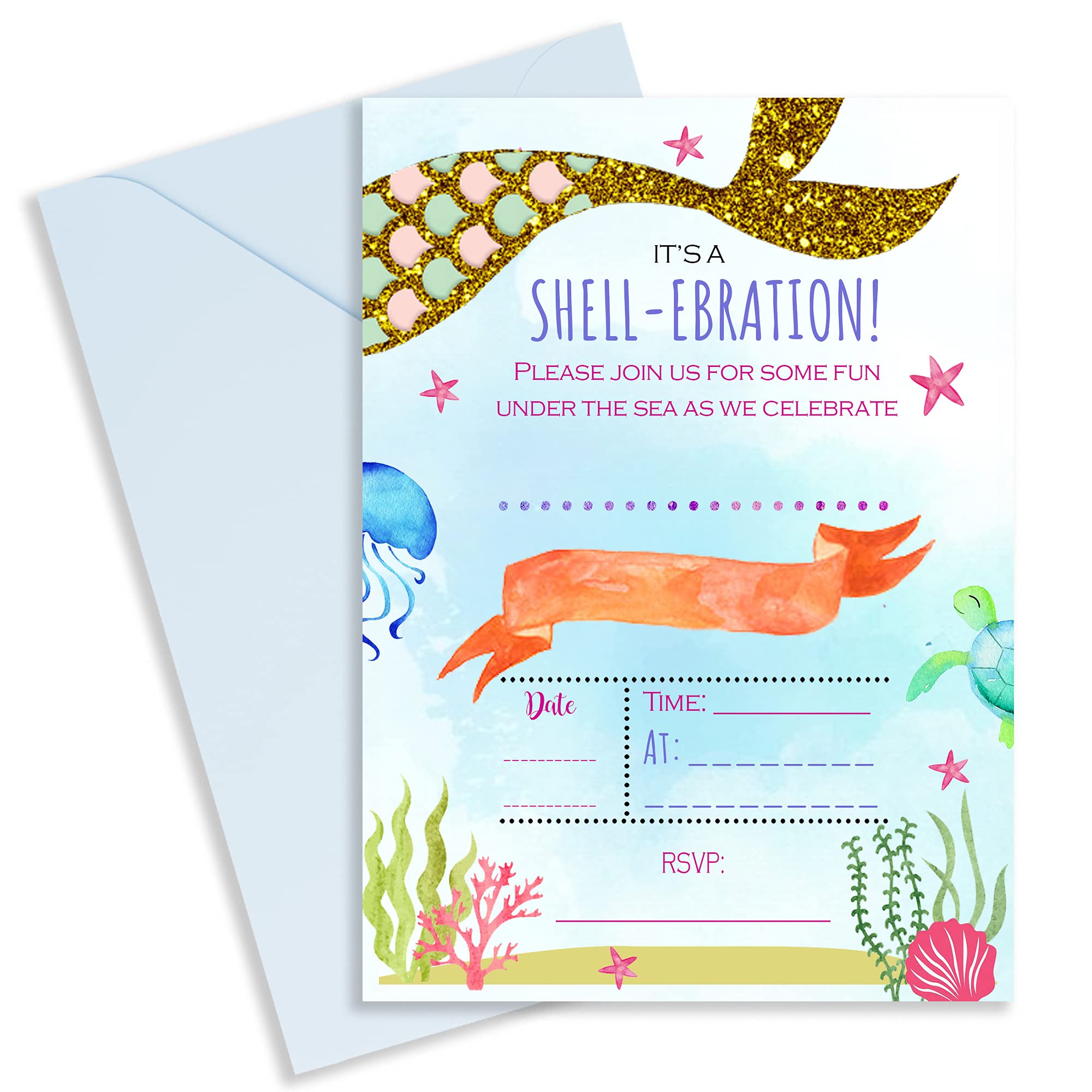 Strivee Mermaid Birthday Party Invitations for Girls, Kids Invites with Blue Envelopes, Under the Sea, A6 (20 Pack)