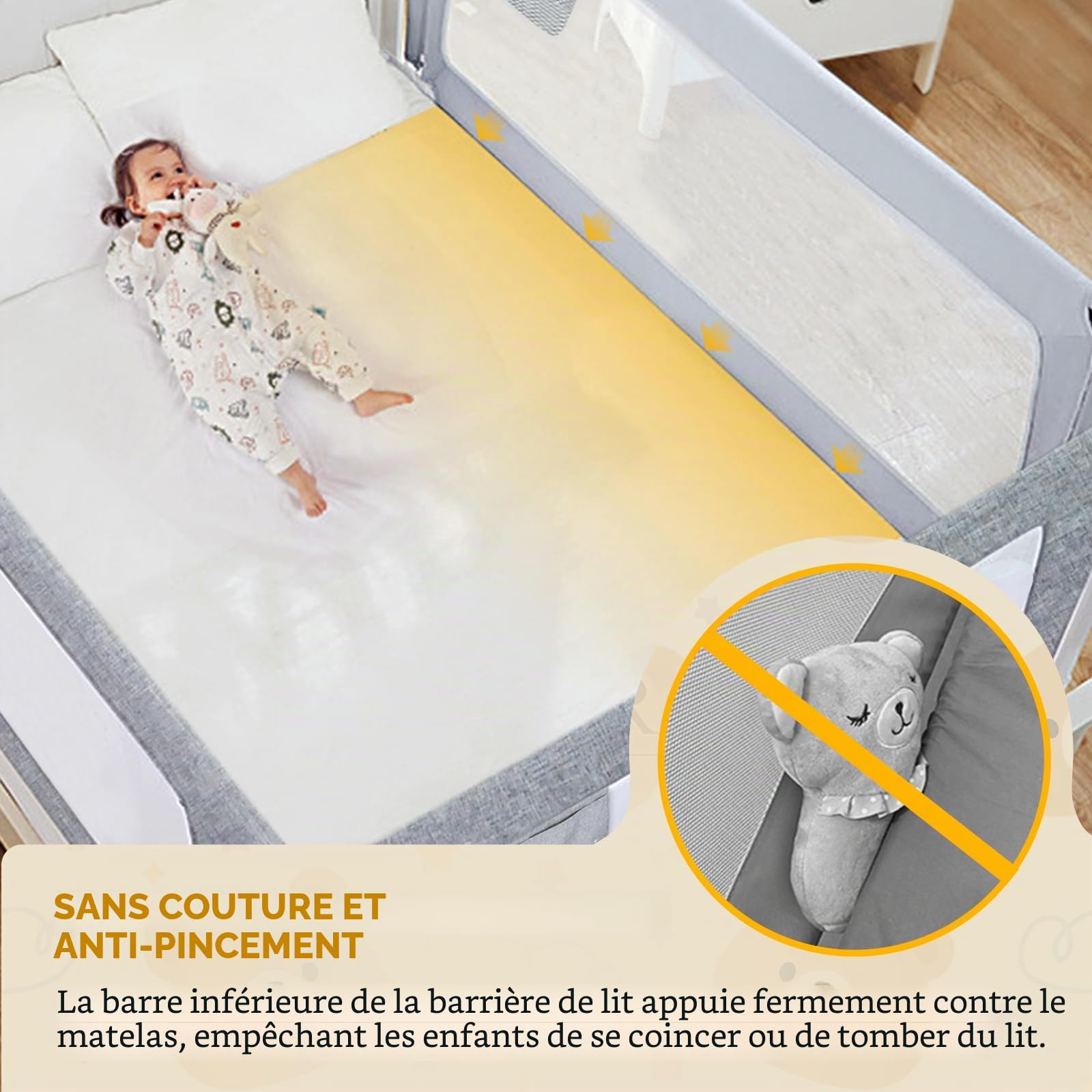 Barrière de lit pour enfant et bébé, 180 cm, protection anti-chute, avec fonction de levage vertical et protection contre les chutes, système d'ancrage renforcé, lit à sommier tapissier
