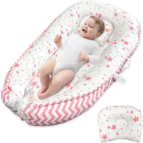 JIFTOK Baby Nests Lounger for Newborn, Snuggle Sleeping Bassinet for 0-24M, Breathable Portable Co Sleeping Bed, Baby Essentials Adjustable Infant Soft Cotton Loungers for Home & Travel -Pink Star