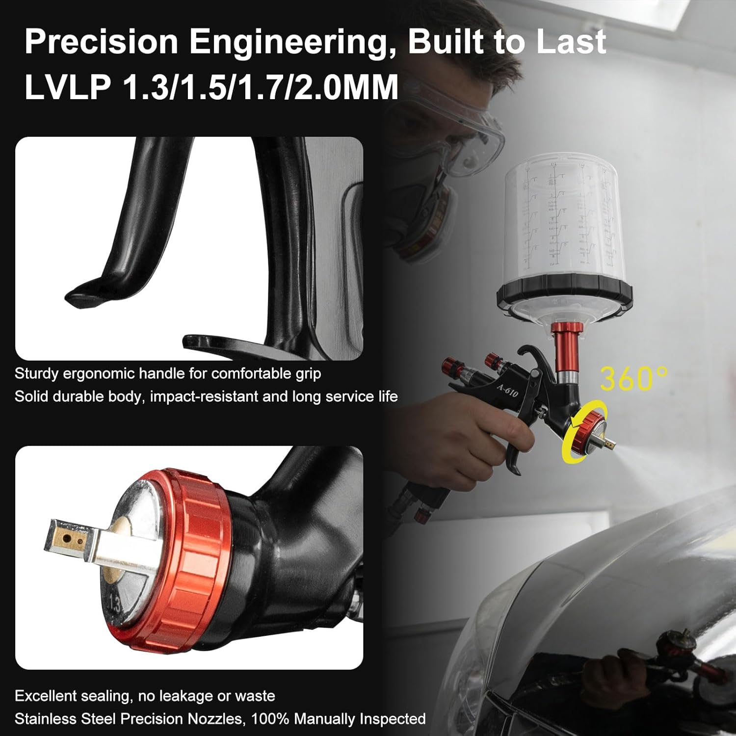 A610 LVLP Spray Gun Premium Kit, with 1.3/1.5/1.7/2.0mm 4 Nozzles & Accessories, 10x 650ml Disposable Paint Cups, Automotive Paint Gun for Furniture, Fence, Varnish&Top Coat