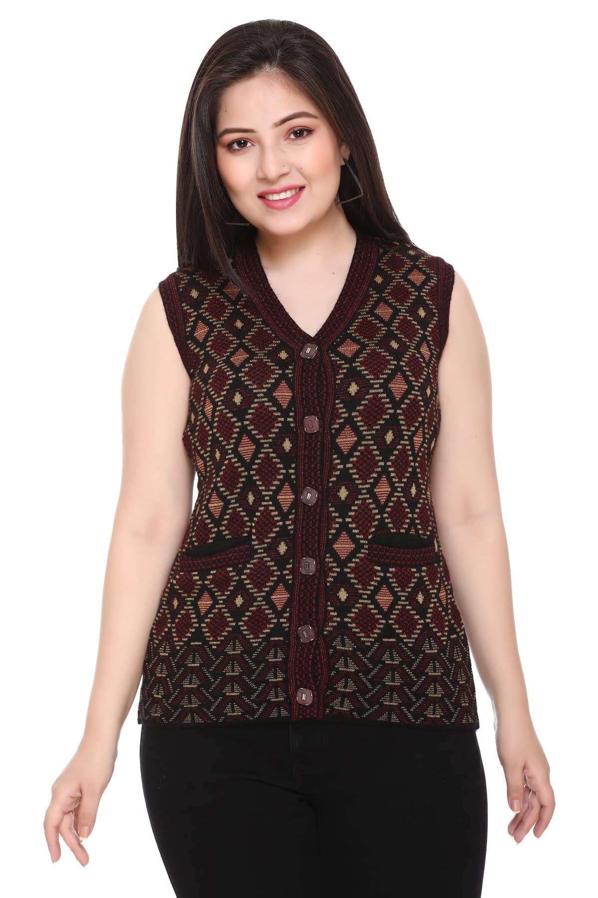 Woollen Sleeveless Cardigan with Front Pockets for Women