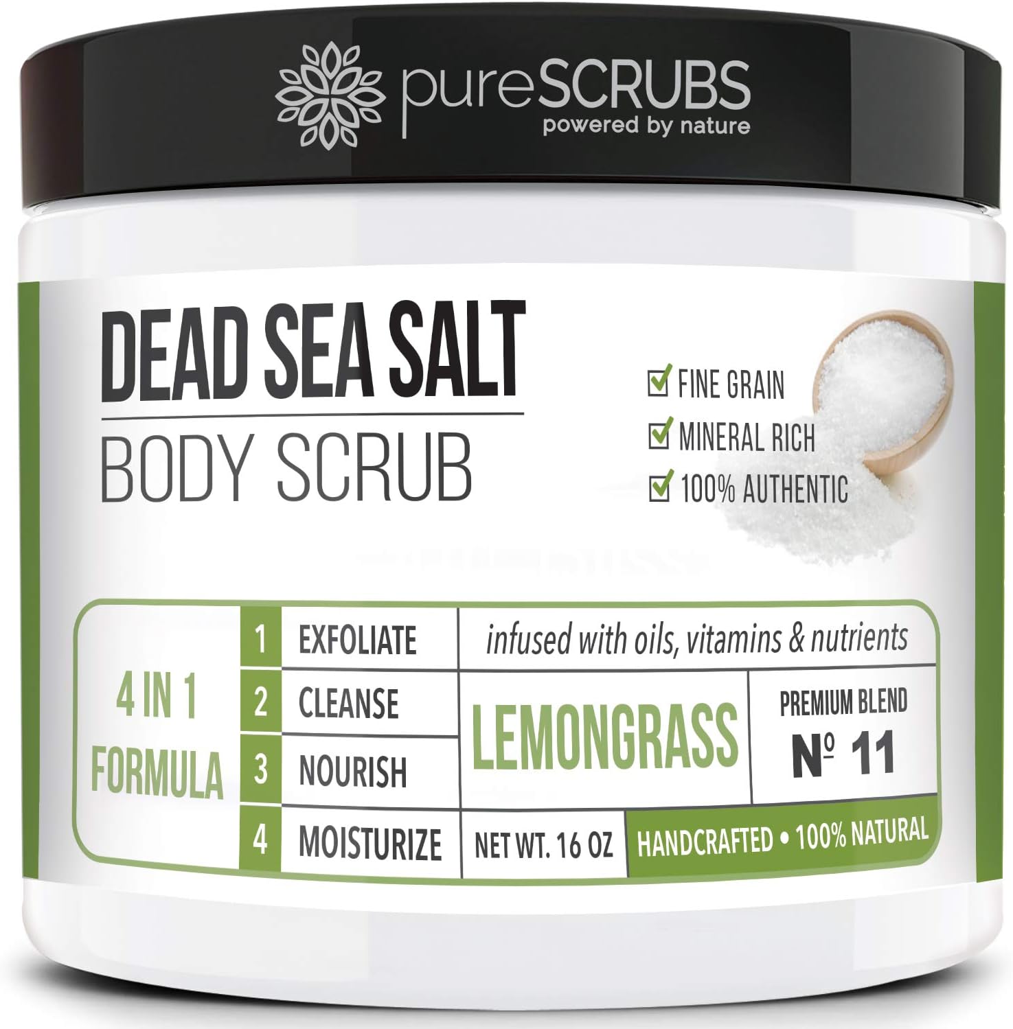 Premium Lemongrass Dead Sea Salt Body Exfoliator Scrub, Full Exfoliating Body Scrubber - Large 16oz Jar, Filled With Essential Oils, Includes Spoon, Loofah & Exfoliating Skin Soap