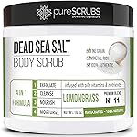 pureSCRUBS Premium Lemongrass Dead Sea Salt Body Exfoliator Scrub, Full Exfoliating Body Scrubber - Large 16oz Jar, Filled With Essential Oils, Includes Spoon, Loofah & Exfoliating Skin Soap