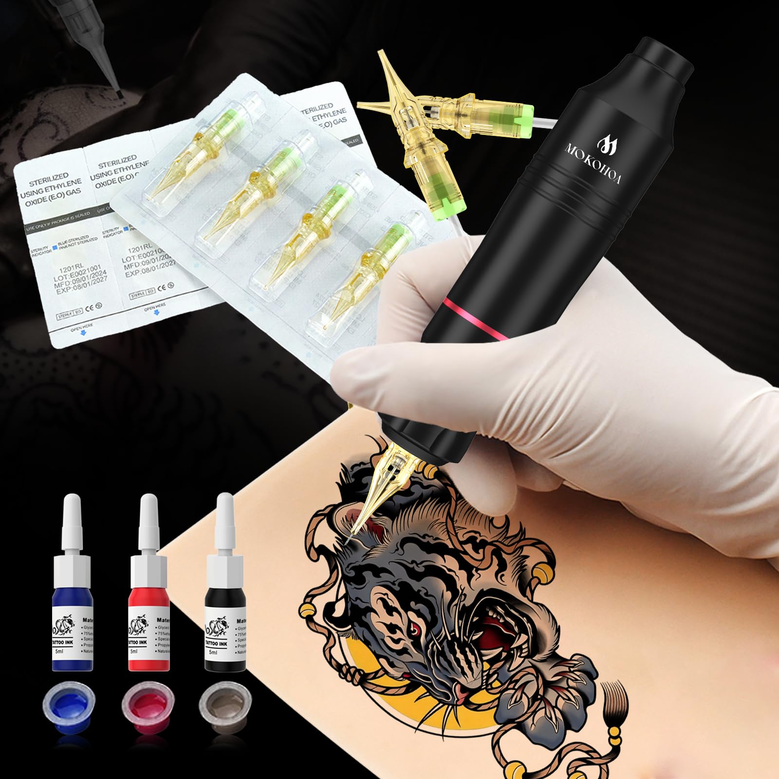 Mokohoa Tattoo Machine Kit, Rotary Tattoo Machine, Tattoo Supplies Kit with Ink, Cartridge Needles, Practice Sheet - Image 2