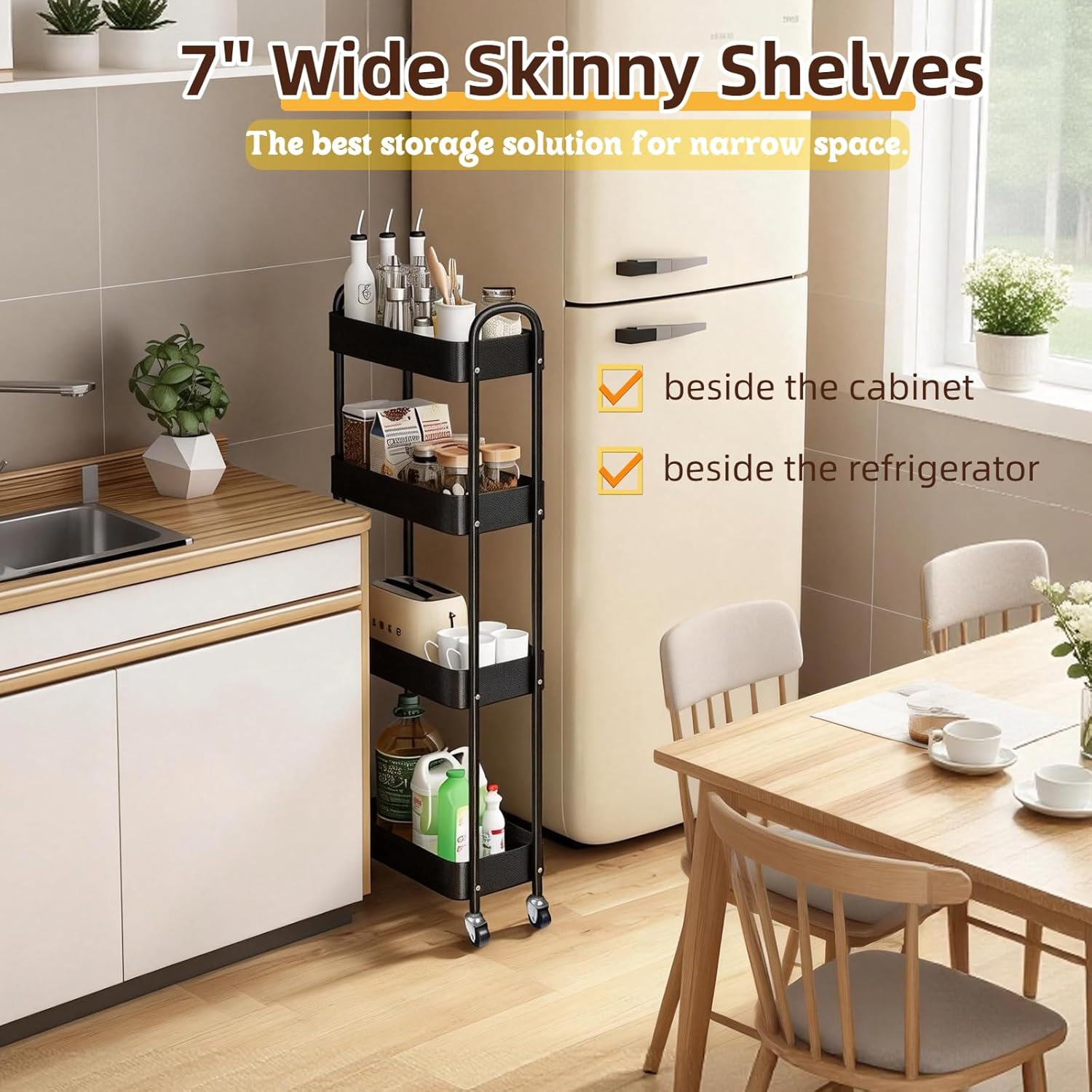 4 Tier Slim Storage Cart with Wheels for Laundry Room Between Washer and Dryer, 7.1'' Narrow Rolling Cart with Wheels and Lockable Casters, Metal Thin Standing Shelf for Small Space, Black