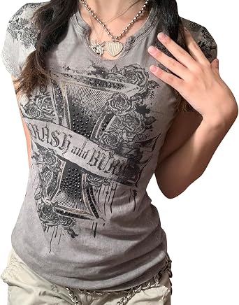 Women Y2k Graphic Print Crop Top Fairy Grunge Short Sleeve T Shirt Crewneck Aesthetic Tee Top E Girls Streetwear