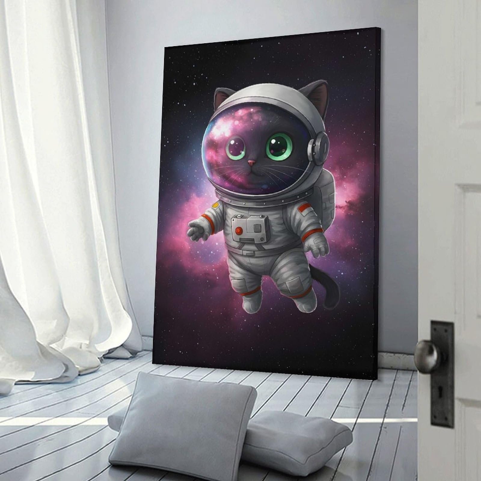 Junmoney Frame-Style-2 Astronaut Black Cat Space Decorative Canvas Print, 24X36inch(60X90cm), For Living Room, Bedroom Or Home Office, Canvas Artwork With Gifting Potential