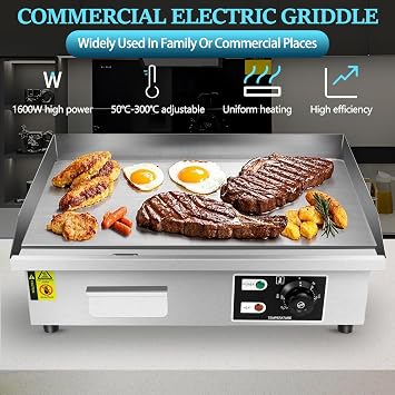 22 Commercial Electric Griddle, 1600W Non-Stick Countertop Flat Top Griddle Stainless Steel, Removable Oil Box, Adjustable Temperature 0-300C, BBQ Teppanyaki Grill for Restaurant Kitchen