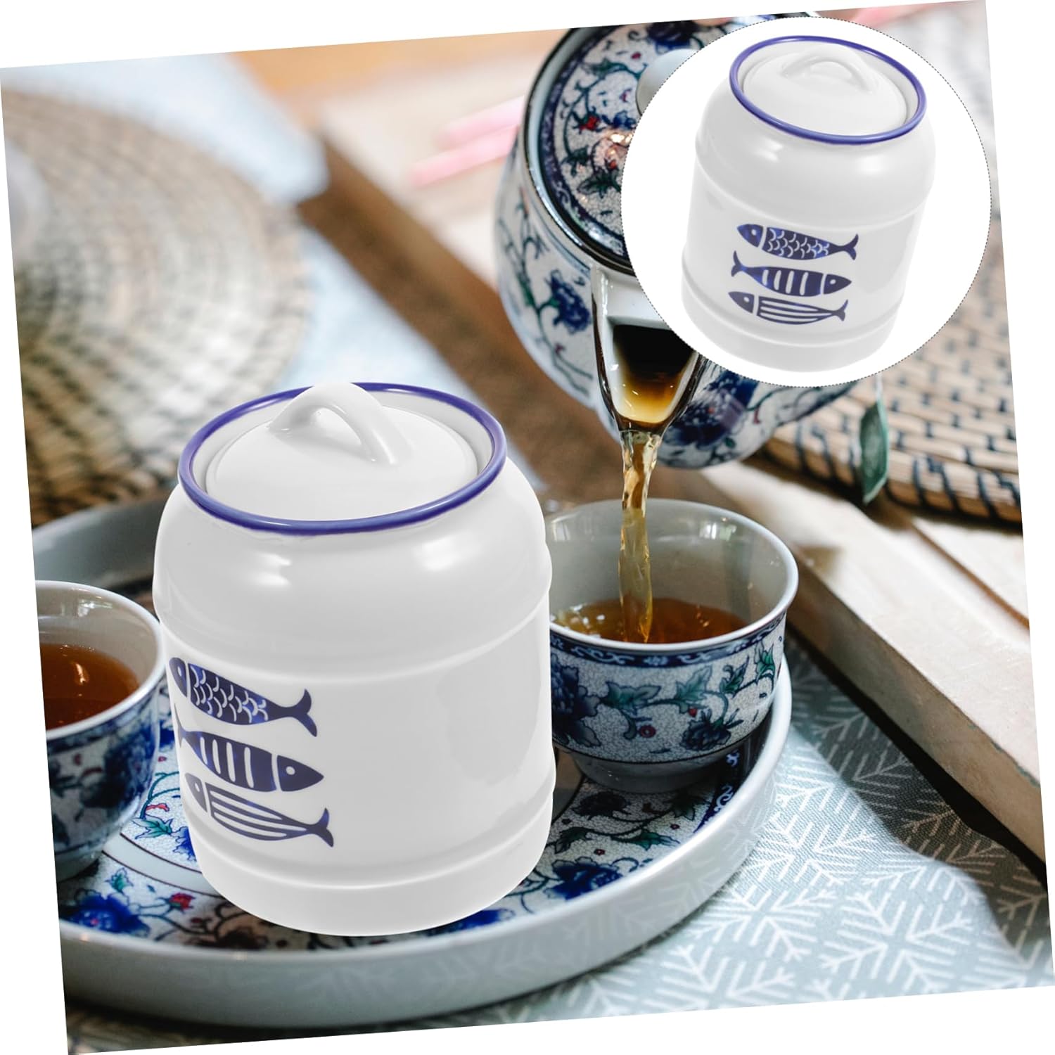 Ceramic Food Storage Container Airtight Grains Canister with -purpose Kitchen Organizer for Snacks Nuts and Cereal Japanese Blue Fish Design