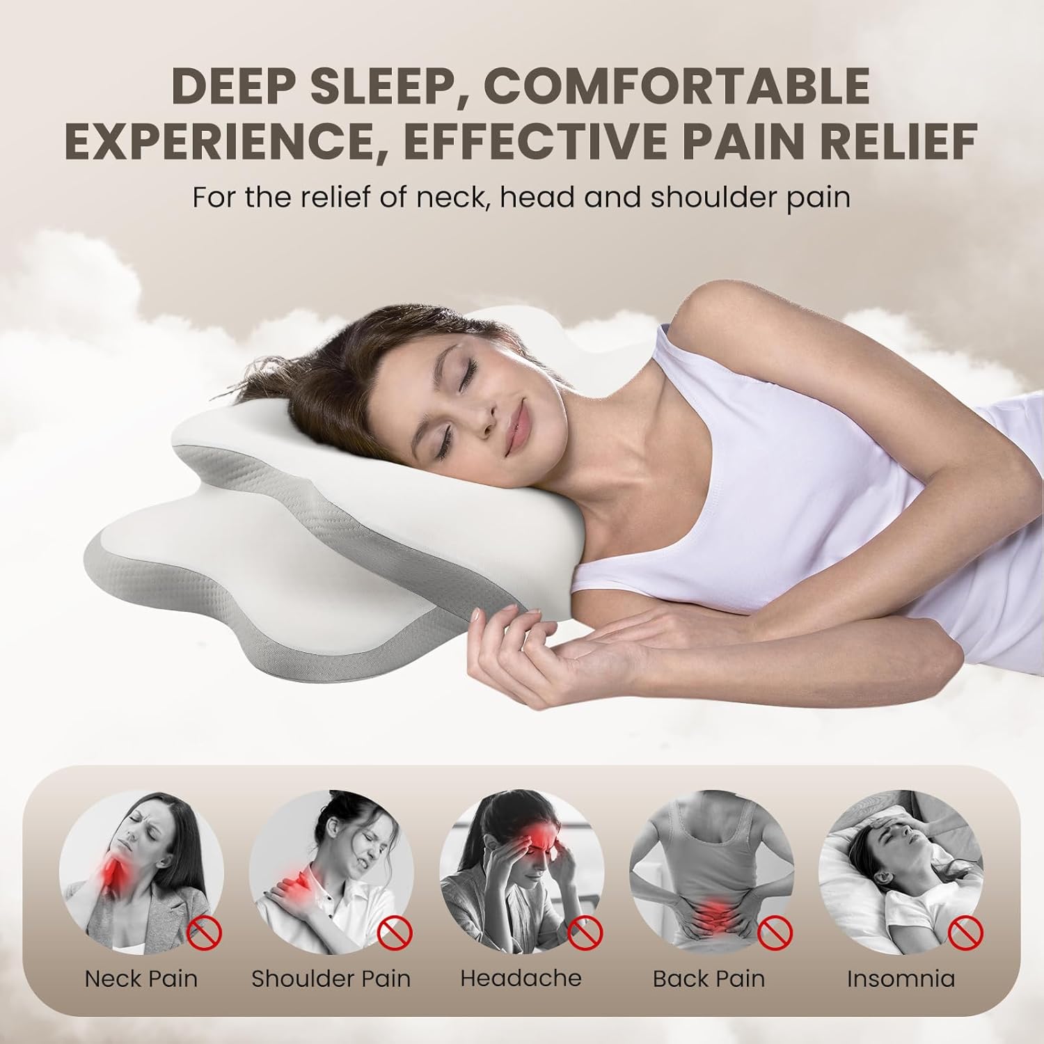 JINXIA Cervical Neck Pillow for Sleeping, Odorless Memory Foam Pillows & Soft Silk Cover, Ergonomic Orthopedic Pillow for Side Back Stomach Sleepers, Neck and Shoulder Pain Relief, White and Gray - Image 4