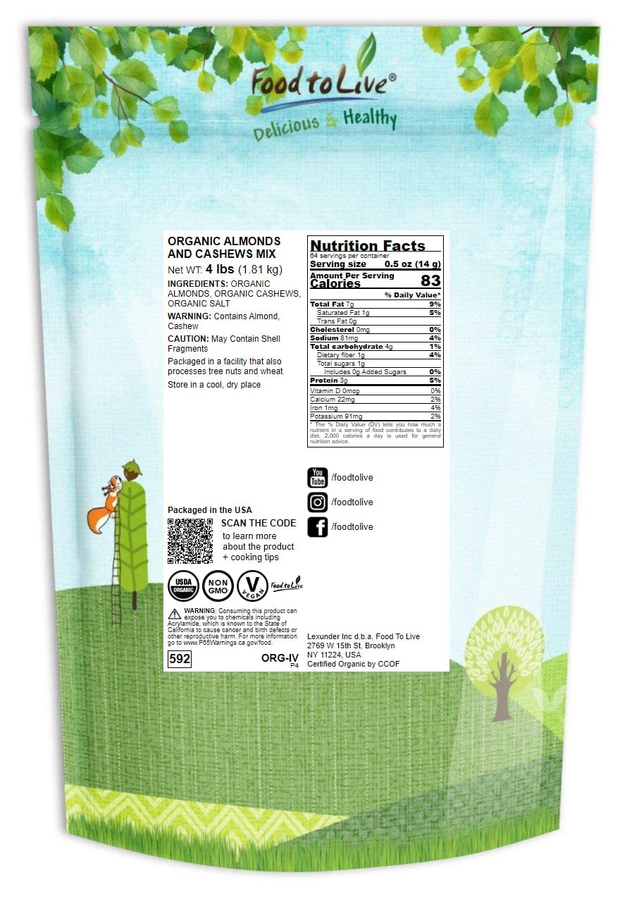 Food to Live Organic Almonds and Cashews Mix, 4 Pounds – Oven Roasted Nuts with Himalayan Salt, Non-GMO, Protein Rich Trail Mix, Healthy Vegan Snack, No Oil Added, Kosher Blend, Bulk