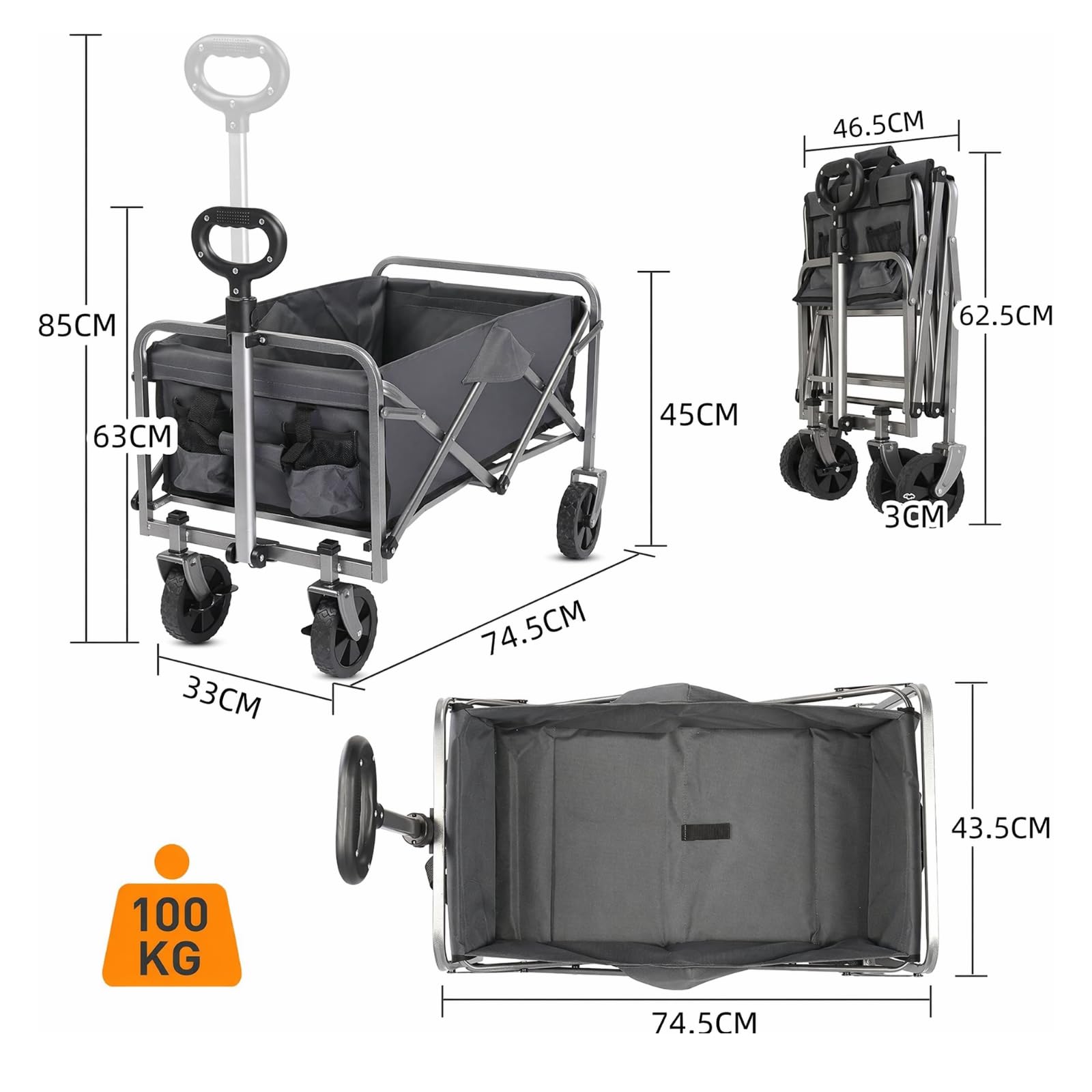 Chariot Pliable à Roulette - Chariot de Plage, Roues Tout-Terrain, poignée réglable, Taille compacte(74x45x84 cm) - avec Jusqu’à 100kg - Idéal pour Camping, Plage, Jardinage, Gris