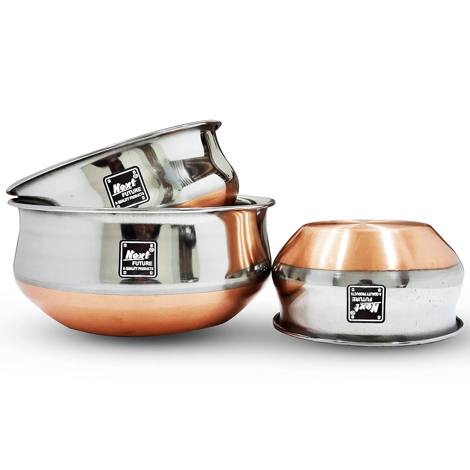 Next Future Stainless Steel Copper Bottom Handi, Cooking Serving Bowl, Cookware Set of 3 Pieces Size: 600ml, 1000ml, 1500ml (Copper Bottom, Stainless Steel) Next Future Stainless Steel Copper Bottom Handi, Cooking Serving Bowl, Cookware Set of 3 Pieces Size: 600ml, 1000ml, 1500ml (Copper Bottom, Stainless Steel)