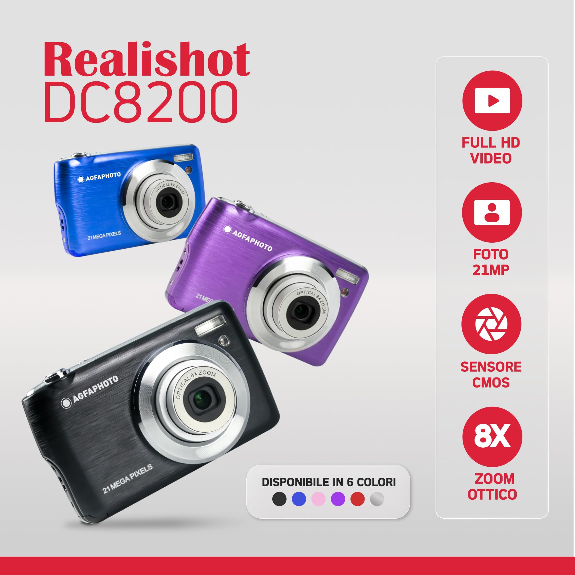 AGFA PHOTO Realishot DC8200 - Fotocamera Digitale Compatta, 18MP, Video Full HD, Schermo LCD 2.7'', Zoom Ottico 8X, Batteria al Litio e Scheda SD 16GB - Rosso