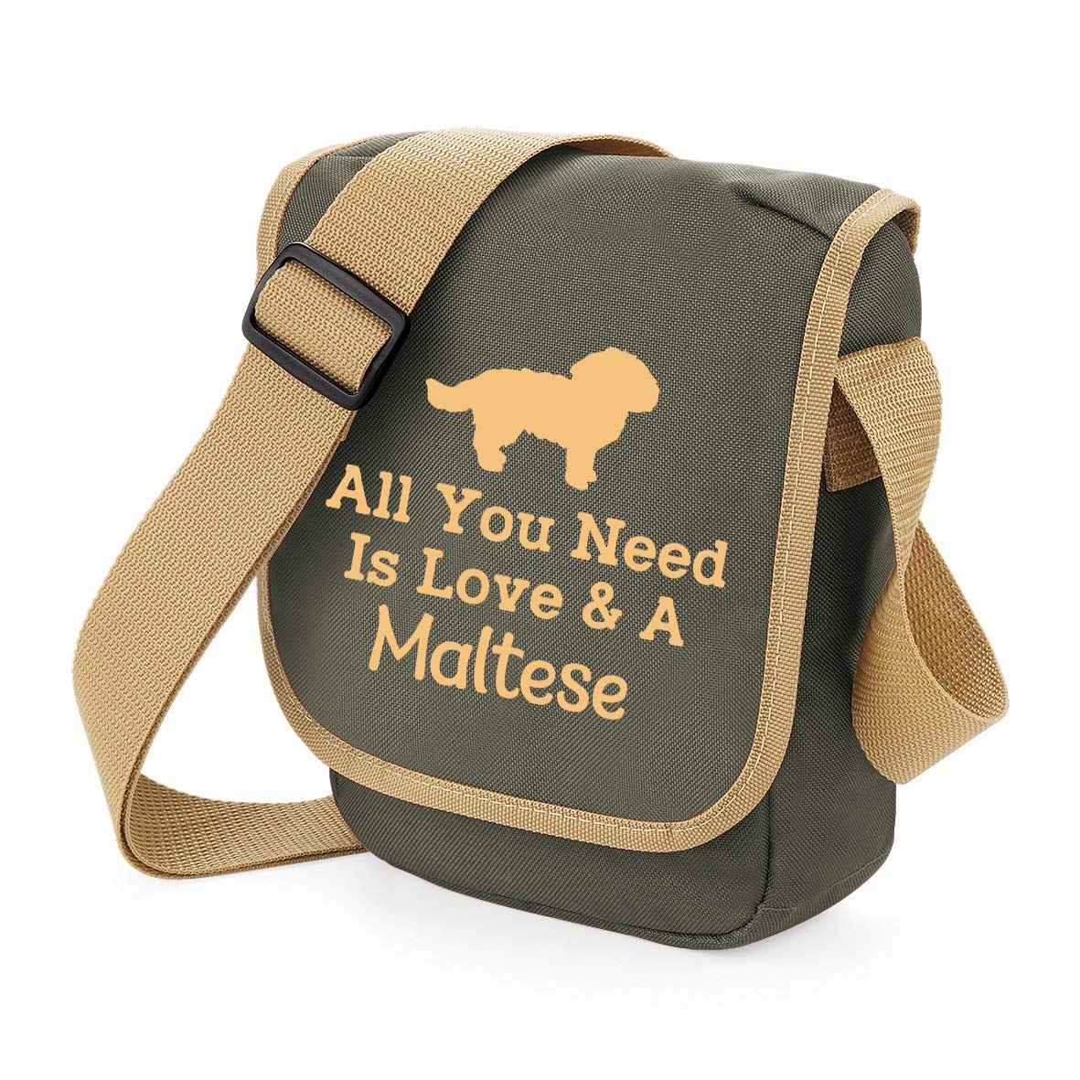 Spoilt Rotten Pets All You Need Is Love & Any Dog Breed Silhouette & Wording Green Mini Messenger Bag Great For Dog Walking & Hiking. (Khaki & Olive)