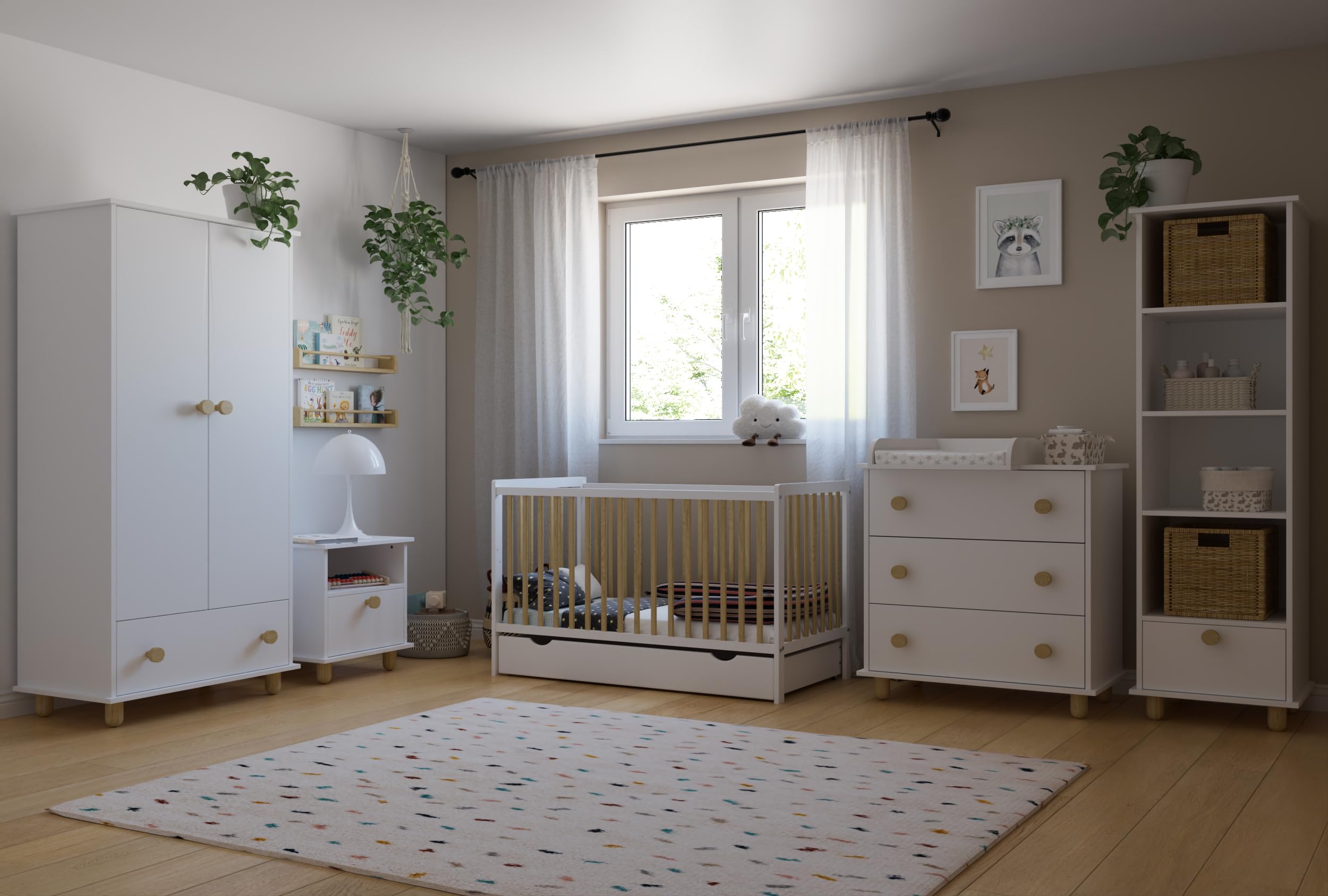 zee Cuna Bebé LUMI 120x60 cm 2 en 1 con Colchón Convertible en Cama Infantil Blanco Natural con Cajón y Barandilla Seguridad Madera de Pino Altura Regulable