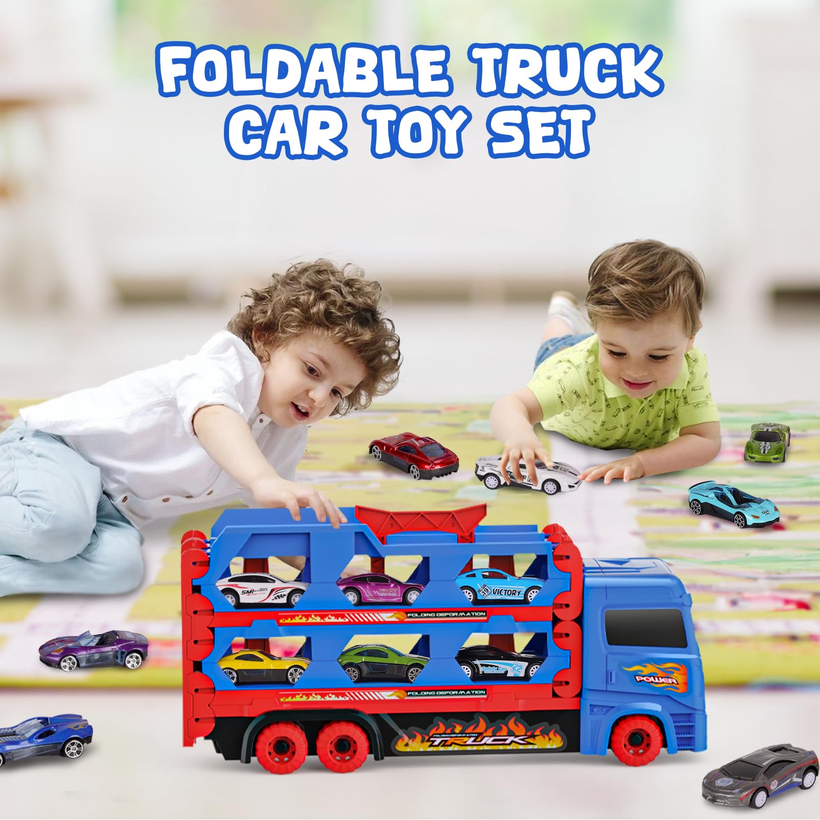 Camion giocattolo per bambini, pista da corsa pieghevole di 165 cm con 10 macchinine (metallo) - 4 auto retrattili e 6 auto da corsas, pista da corsa per camion giocattolo per bambini3-8