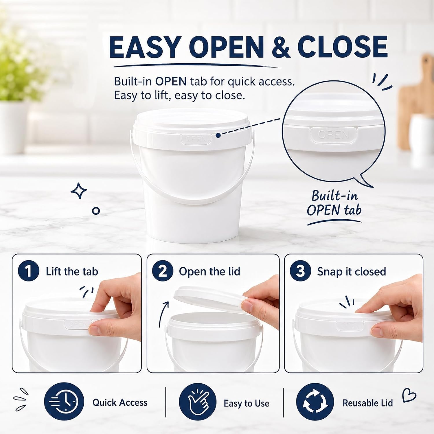 METAPACK 34 fl oz / 1 qt White Food Grade Plastic Buckets with Lids & Handles, Airtight Freezer Safe Small Storage Containers, Easy-Open Pails for Snacks, Sauce, Salad, Soup, Candy (10 Pack)