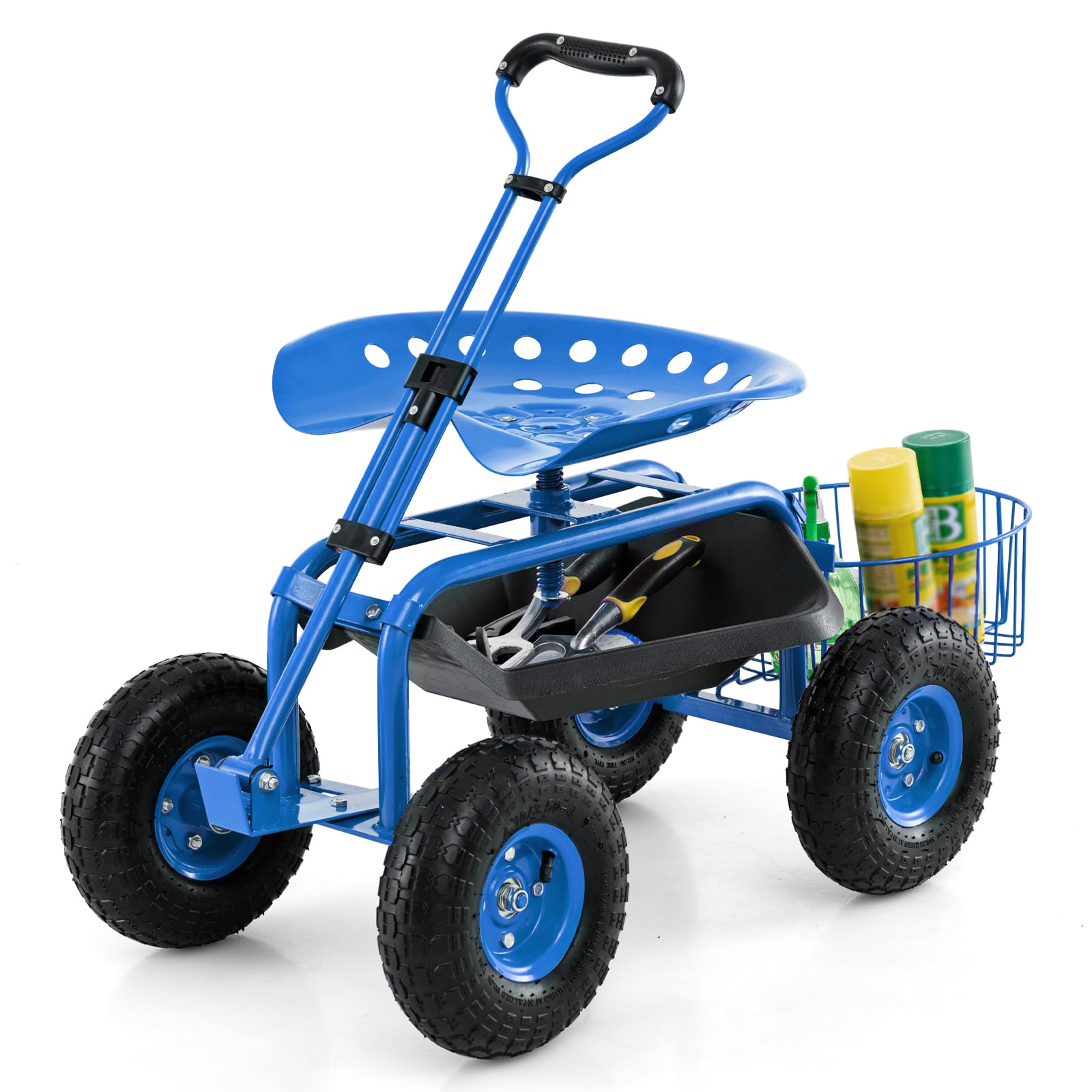 Goplus Rolling Garden Cart with Seat, Outdoor Garden Stool with Wheels, Tool Tray & Basket, Adjustable Steering Handle, 360 Degree Swivel Seat for Planting, Gardening Scooter for Lawn, Yard, Patio