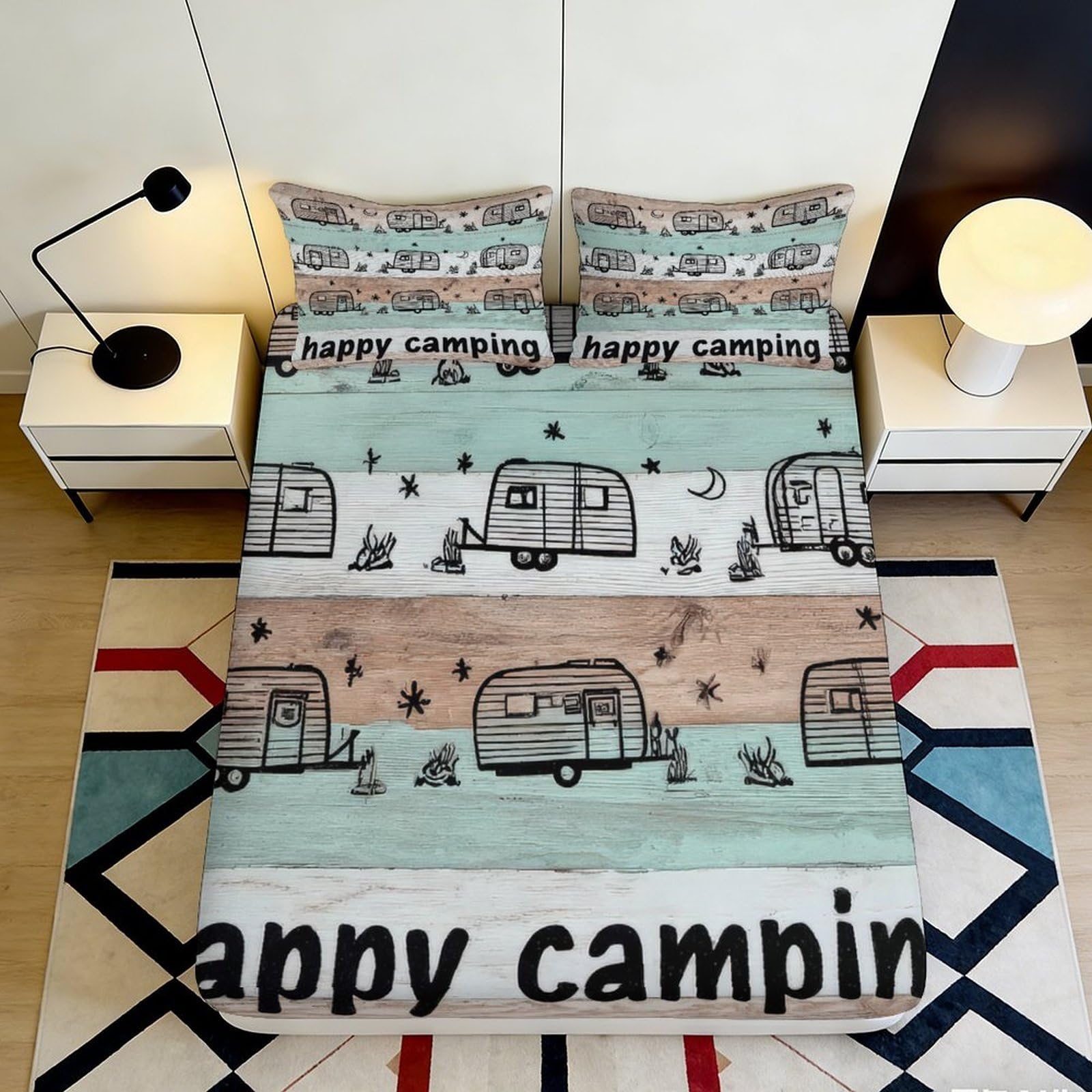 3D Printed Happy Camping Fitted Sheet Microfiber Soft Breathable Caravan Mattress Cover for Bedroom Guest Room Decor 90x200x25cm