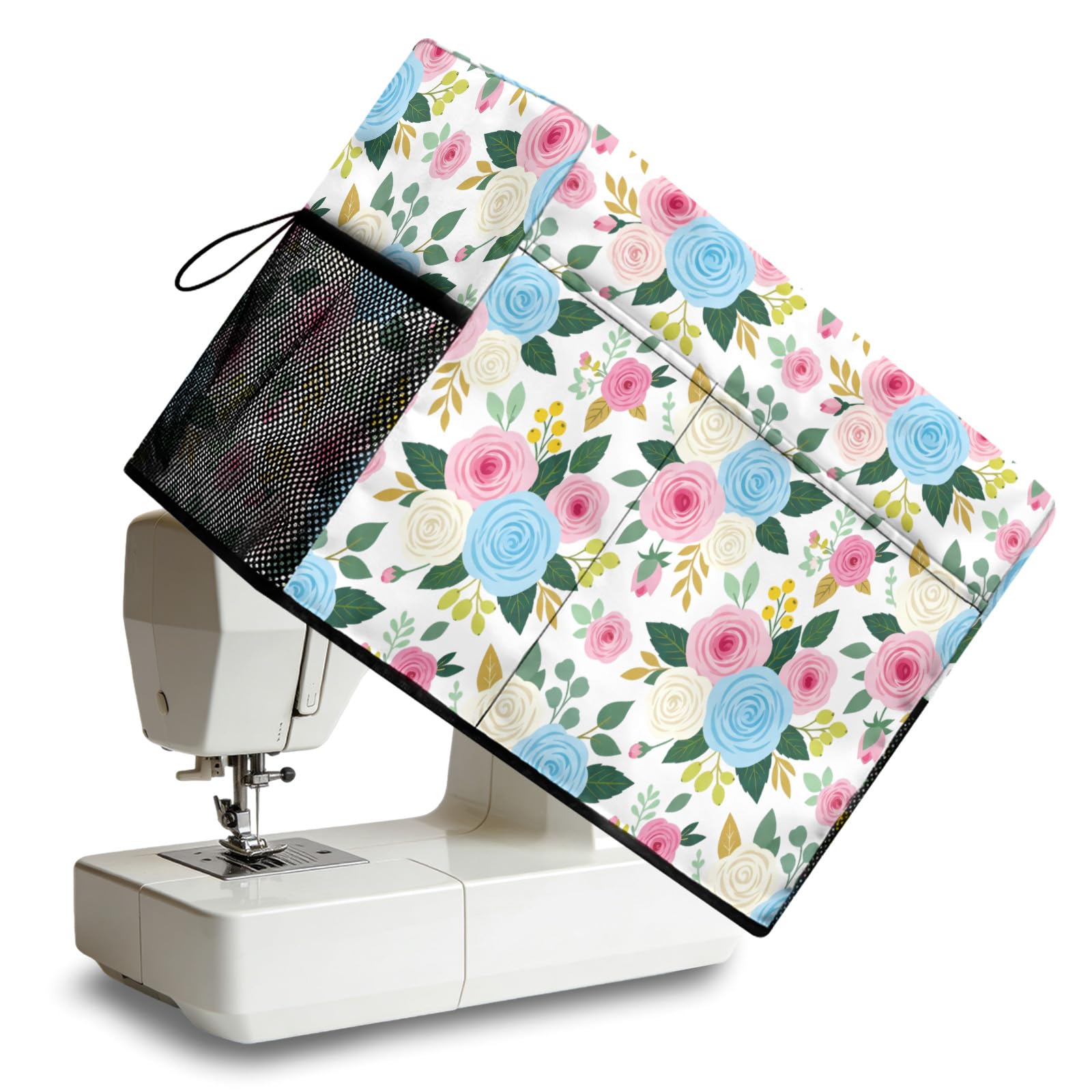 Peacoblue Sewing Machine Cover with Storage Pockets,Rose Flower Sewing Machine Dust Covers for Standard Machines,Protective & Decorative Sewing Machine Case with Handle