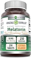 Vista 1 de Amazing Formulas Melatonina Fast Dissolve 10 mg 250 comprimidos Sabor cítrico Sin OMG Sin gluten Fabricado en Estados Unidos