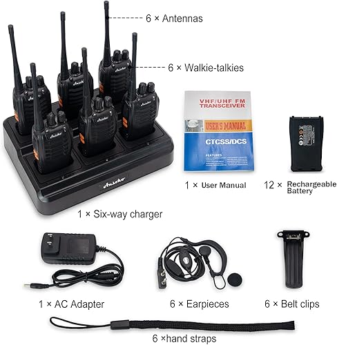 Vista 8 de Walkie Talkies para adultos de largo alcance recargable de 2 vías con cargador de banda de 6 bancos y baterías de repuesto (paquete de 6)