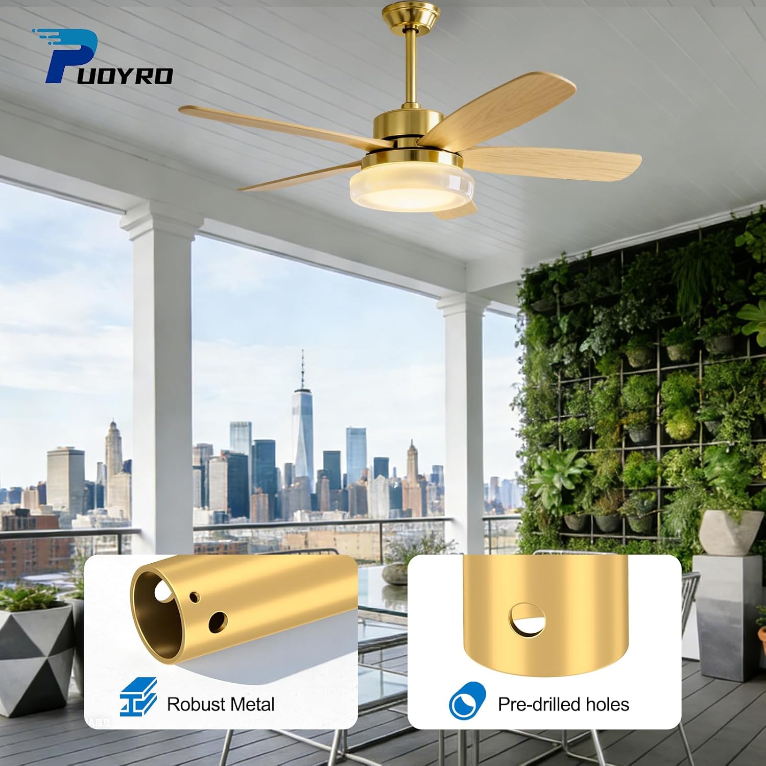 36 Inch Ceiling Fan Downrod with 6 x 18-AWG Wires,Ceiling Fan Extension Rod 1 Inch Outer Diameter, Improves Airflow,Suitable for Various Ceiling Fans(Gold, No Threaded)