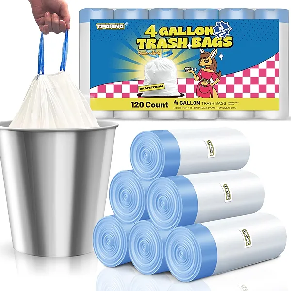 T.FORING 4 Gallon Trash Bag, 1.1 Mil 15 Liter White Thick Unscented Small Plastic Garbage Bags with Drawstring for Bathroom, Wastebasket Liners for Toilet Home Office and Bedroom (4 Gal-120)