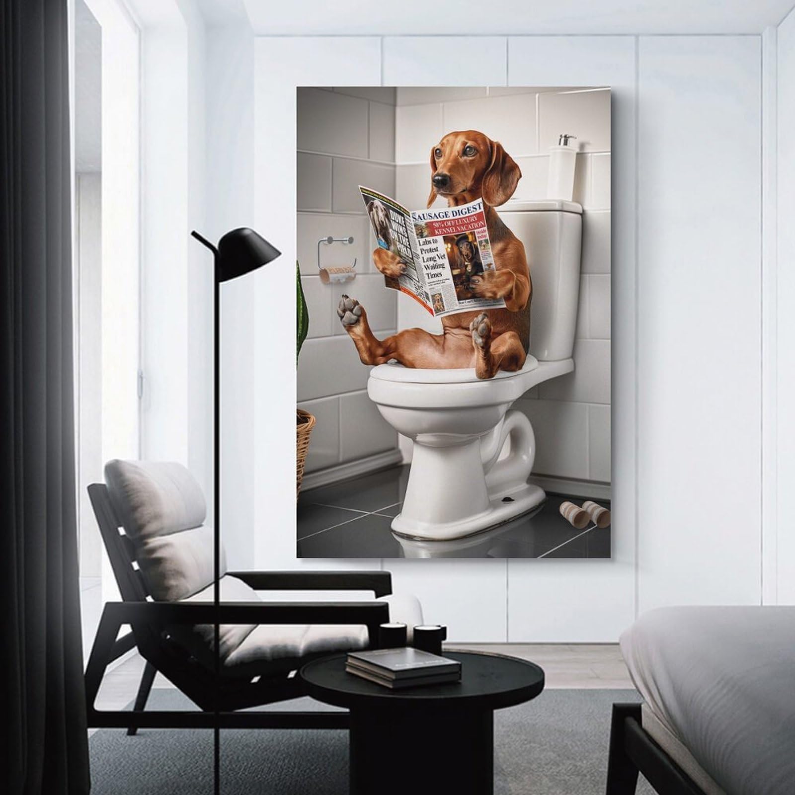 Junmoney Unframe-Style-2 Dachshund In The Bathroom Home Decor Wall Art 20X30inch(50X75cm), For Bedroom, Guest Room Or Reading Nook, Decorative Wall Art For Cosy Rooms