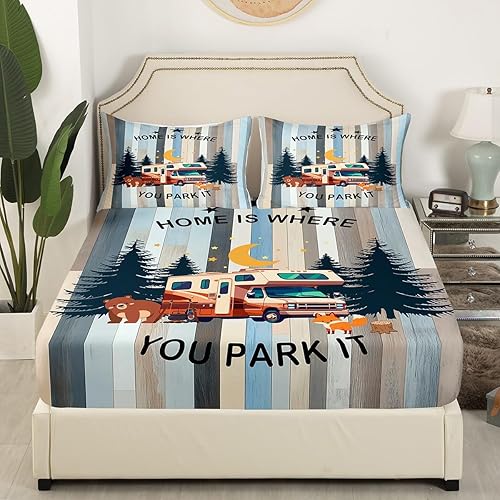 Vista 30 de Erosebridal Juego de sábanas de Happy Camping King, accesorios para cámper para niños, adolescentes y adultos, sábana bajera ajustable de dibujo