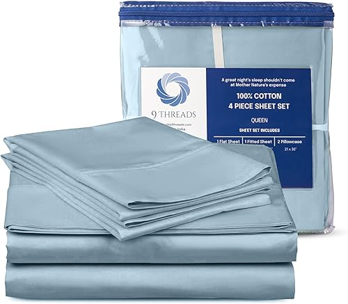 9Threads Sábanas de satén 100 % algodón de 400 hilos, con bolsillo profundo, sábanas de algodón crujientes, frescas y fuertes (azul claro,
