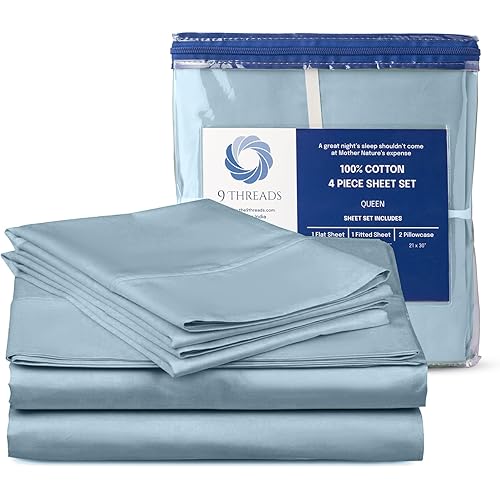 9Threads 400 Thread Count 100% Cotton Sateen Bed Sheets Deep Pocket, Cotton Bedsheets Crisp Cool and Strong Bed Linen (Light Blue, Twin XL)