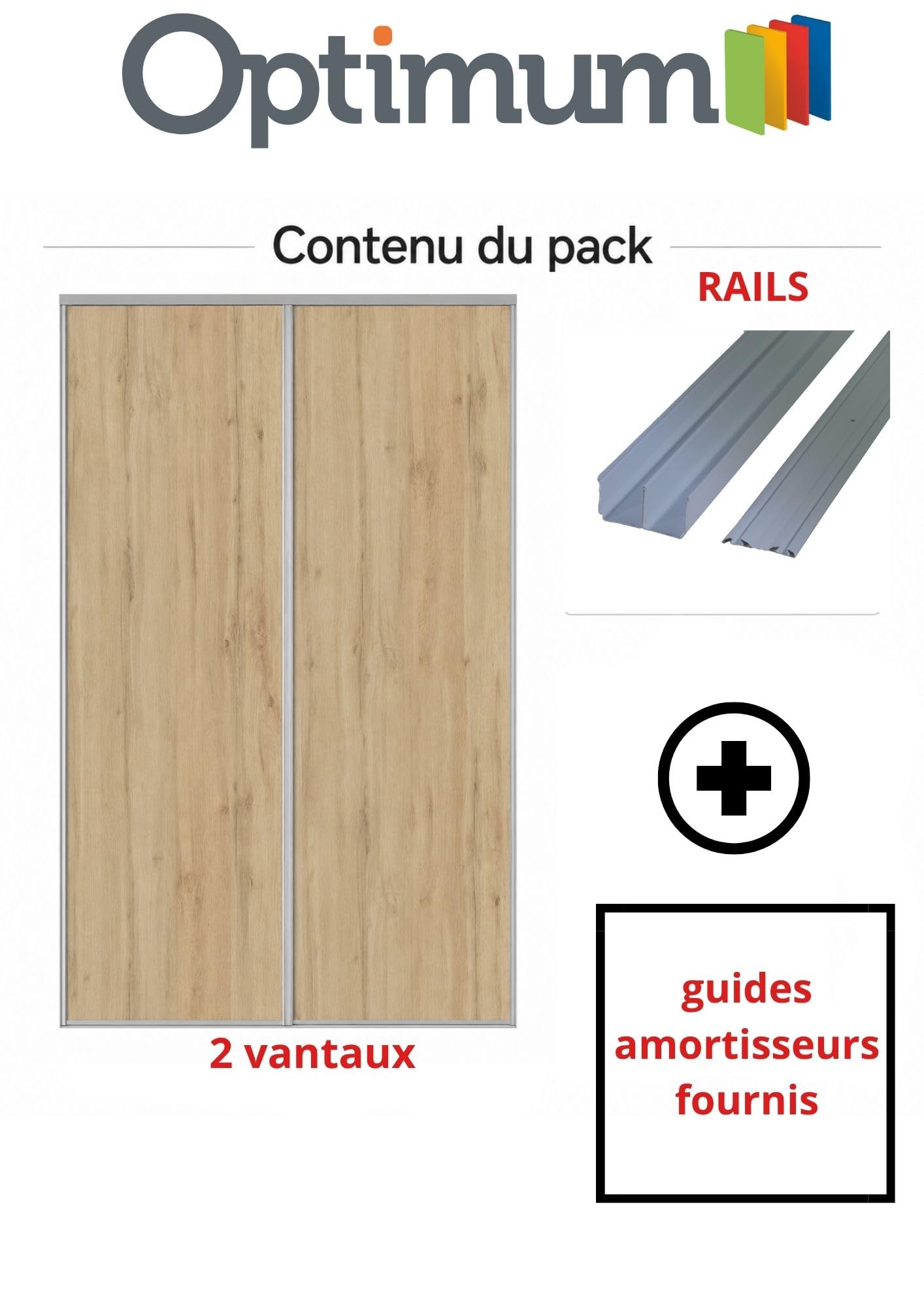 OPTIMUM 2 Portes de Placard coulissantes, Hauteur 250 cm, Largeur Totale 150 cm, décor chêne Authentique, profils et Rails Gris Inclus