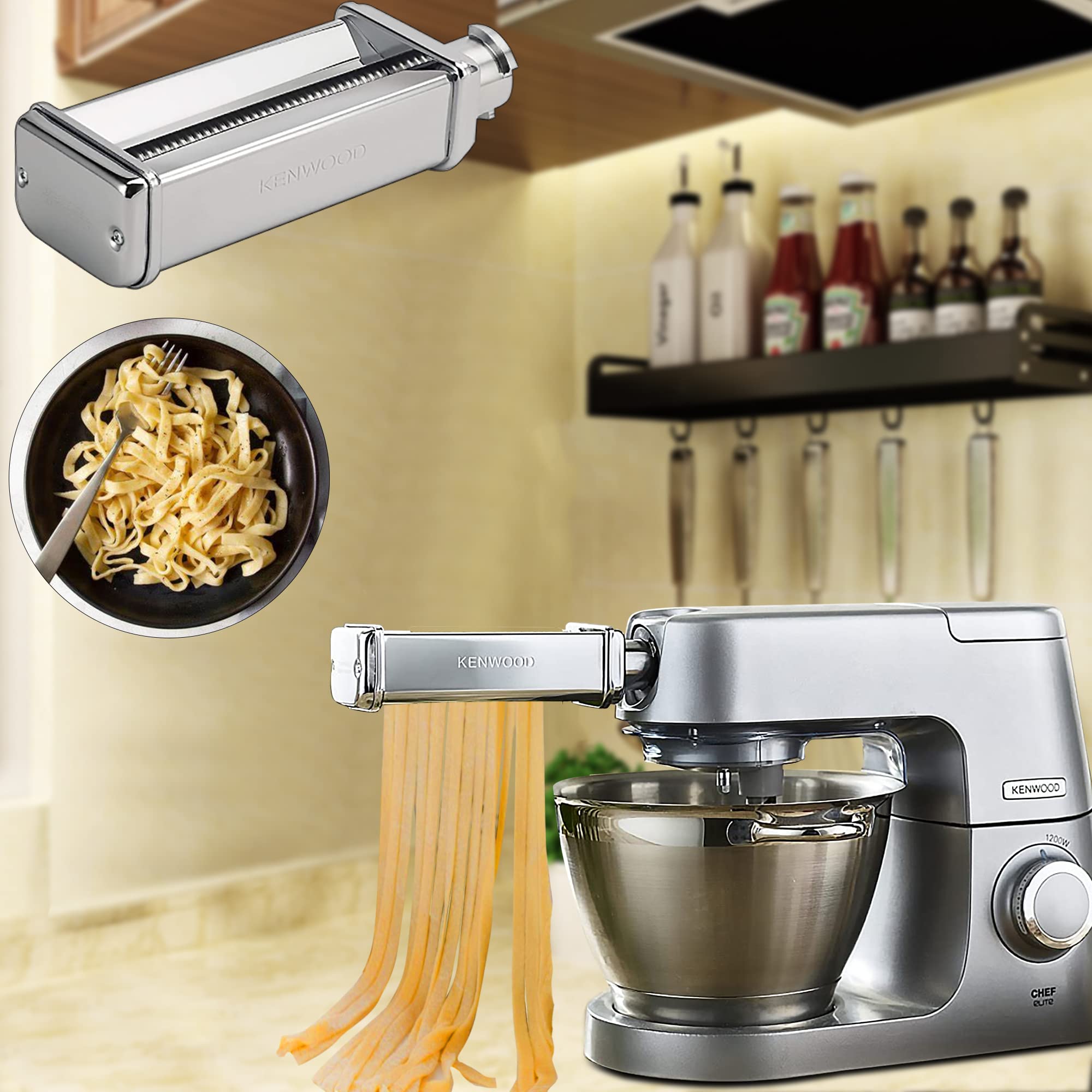 Italdos Kit 3 in 1 Sfogliatrice e Taglierini Pasta Fresca compatibile per Kenwood KCC KVC KVL KMX Rullo Sfoglia Lasagne Taglieria per Spaghetti – Ricambi in Acciaio Inox