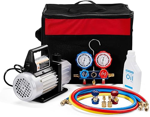 Miniatura 7 de Juego de bomba de vacío y medidor de CA, 14HP 3 CFM de bomba de vacío Manifold Gauge con 3 mangueras adaptador para R134a R12 R22 R410a R502 AC Kit
