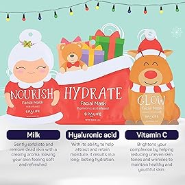 SpaLife Beauty Santas Squad Christmas Face Mask Bundle | Korean Facial Masks | Hydrating, Soothing, Complexion Enhancing and Firming Sheet Mask Set | Christmas Gifts for Women | 12 Pack