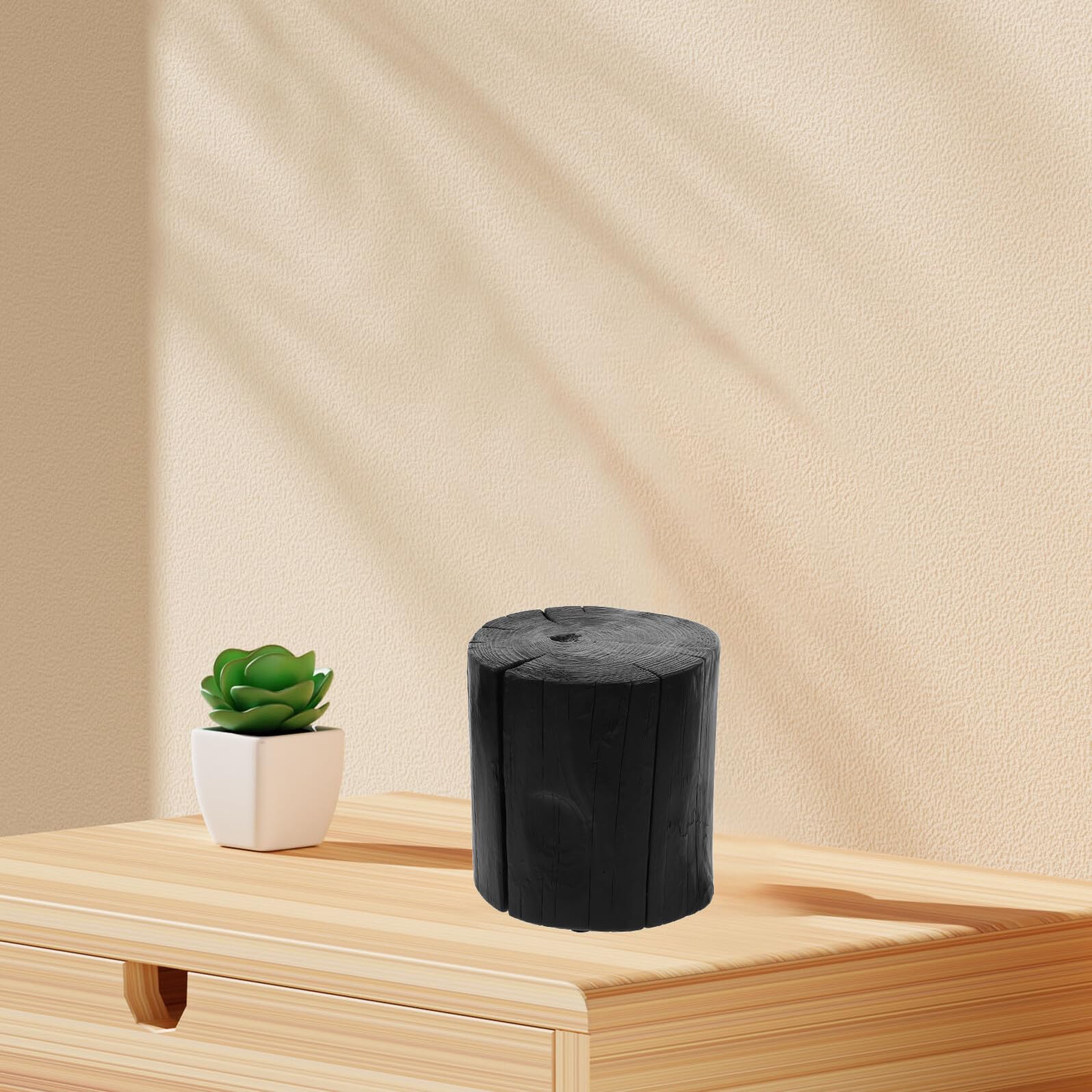 TOYANDONA Tabouret D’Appoint en Bois Massif Noir Carbonisé Tabouret Rond 20 CM Hauteur Porte-Plantes et Table de Chevet Polyvalente Meuble Décoratif Naturel pour Salon et Chambre