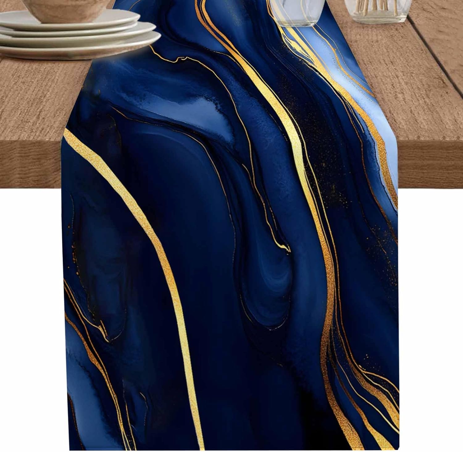 Marble Table Runner 108 Inches Long Cotton Linen Kitchen Dinner Table Runners, Modern Navy Blue Abstract Gold Burlap Tablerunner for Dresser/Dining/Party/Wedding 13x108