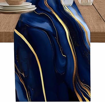 Marble Table Runner 36 Inches Long Cotton Linen Kitchen Dinner Table Runners, Modern Navy Blue Abstract Gold Burlap Tablerunner for Dresser/Dining/Party/Wedding 13x36