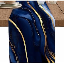 Marble Table Runner 120 Inches Long Cotton Linen Kitchen Dinner Table Runners, Modern Navy Blue Abstract Gold Burlap Tablerunner for Dresser/Dining/Party/Wedding 13x120