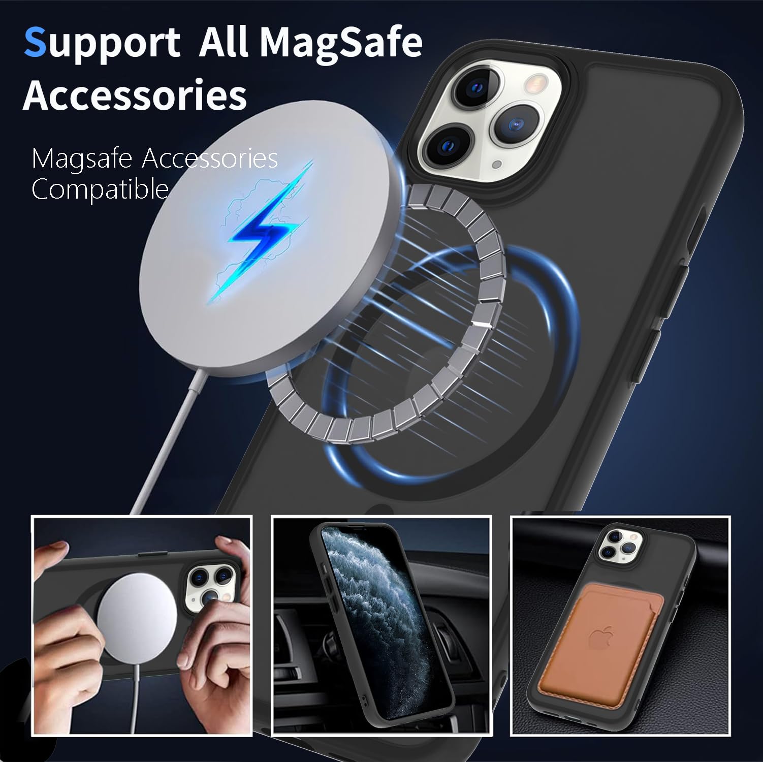AOMYKE Cover Magnetica per iPhone 11 Pro, Custodia iPhone 11 Pro Compatibile con MagSafe, Traslucida Opaca Posteriore Sottile PC+TPU Bumper Antiurto Case - Nero